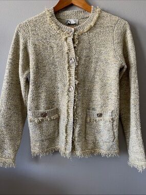 Bouclé Knit Fringe Cardigan Jacket - Light Beige with gold